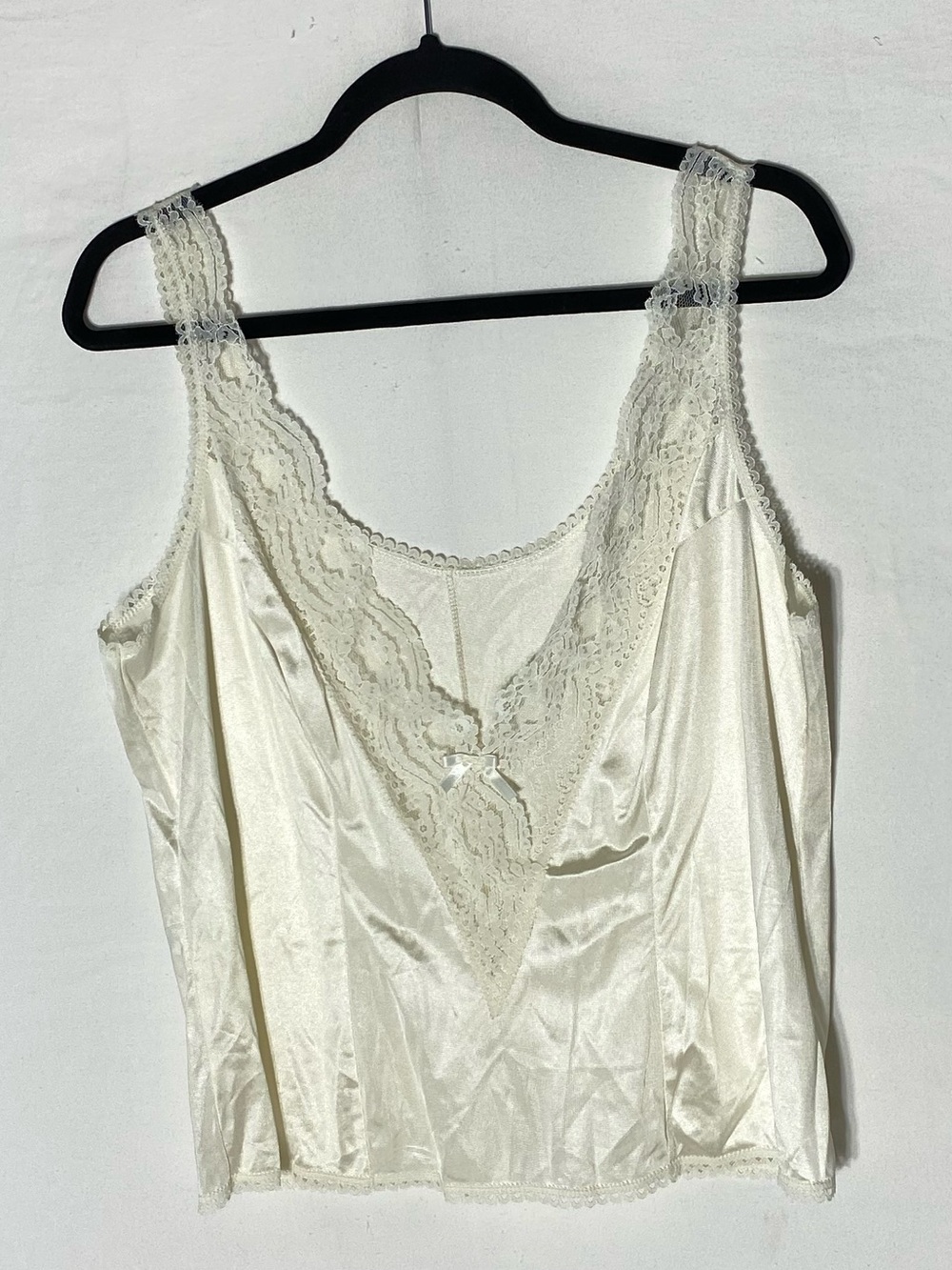 Vintage Ivory Silky Satin Lace V Neck Camisole Tank Top L Coquette Cottagecore